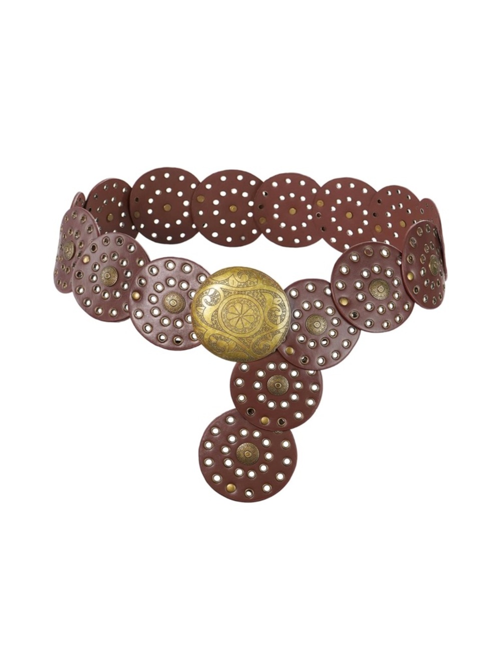 Brown Leather Medallion Waist Belt with Antique Gold Accent